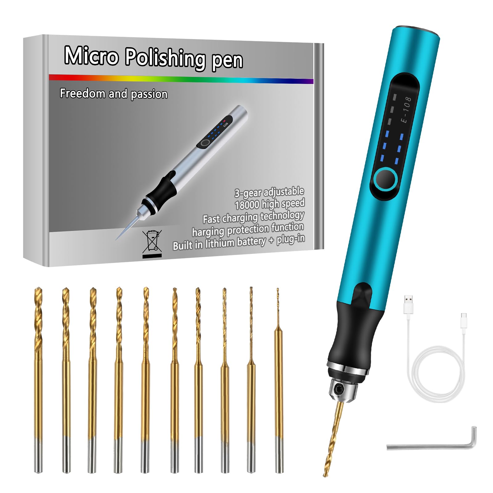 Comius Sharp Mini Trapano Elettrico a 3 Velocità, DIY Drill Pen Set con 10 Trapano Elicoidale (0.6-2.2 mm), USB Ricaricabile, Set di Punte per Resina, Plastica, Legno, Circuiti (Blu)