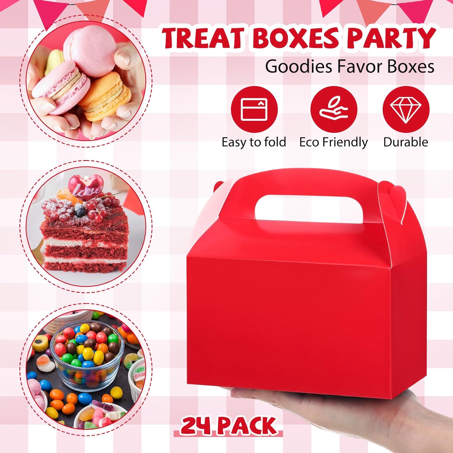 Condition photo showing New/Like New for marspark 24 pcs red and white gingham treat boxes checkered candy goodies gable boxes plaid cardboard container bulk with handles for picnic bbq birthday family farm party favors red and white 24