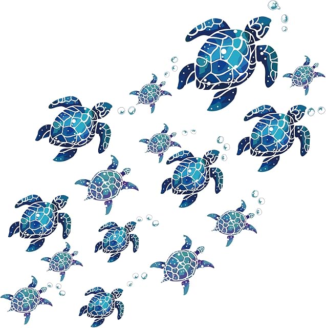 15 Pieces Sea Turtle Vinyl Wall Stickers, Underwater Blue Turtle Under The Sea Wall Decals, Waterproof Turtle Bubbles Decal for Bathroom Bedroom Living Room Toilet Nursery Kindergarten Decorations