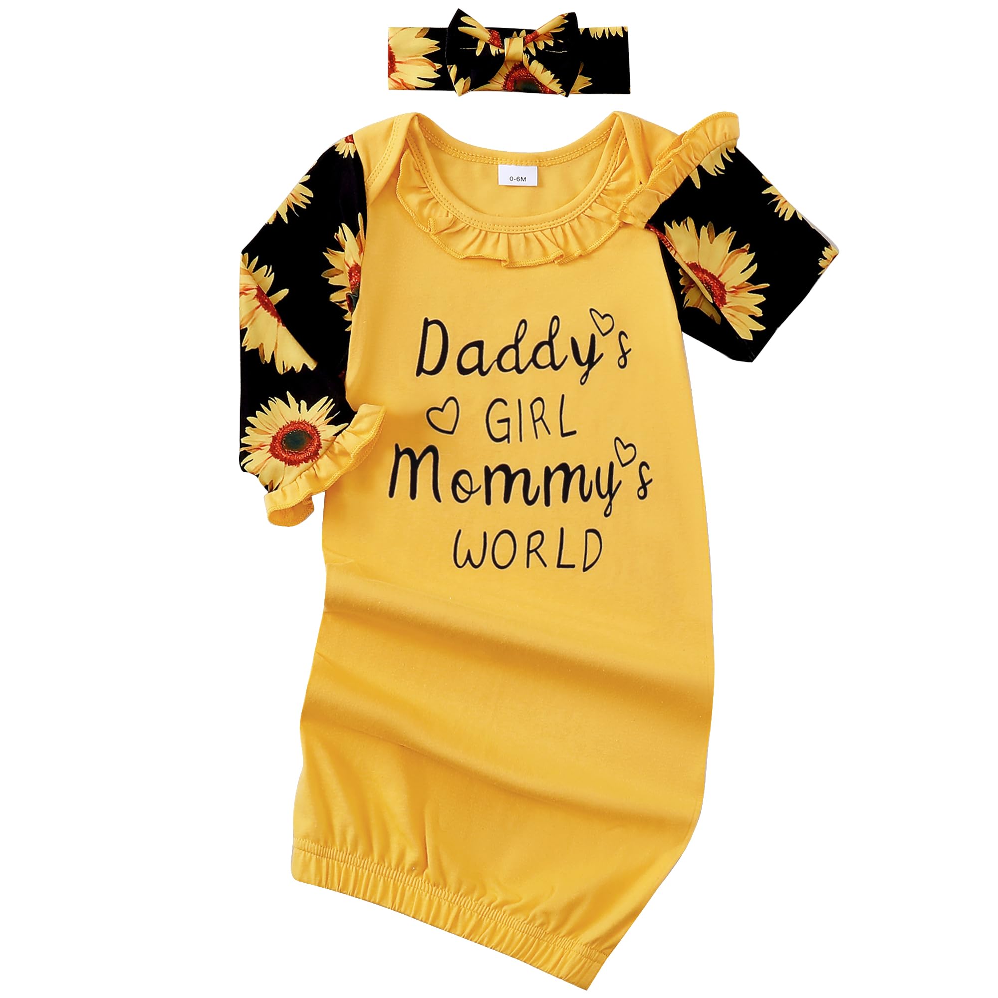 AMAWMW Newborn Baby Girl Little Sister Sleeper Gown Stripe Long Sleeve Nightgown Pajamas Gifts Stuff Essential Outfit Q Yellow Sunflower Sleeve 0-6 Months