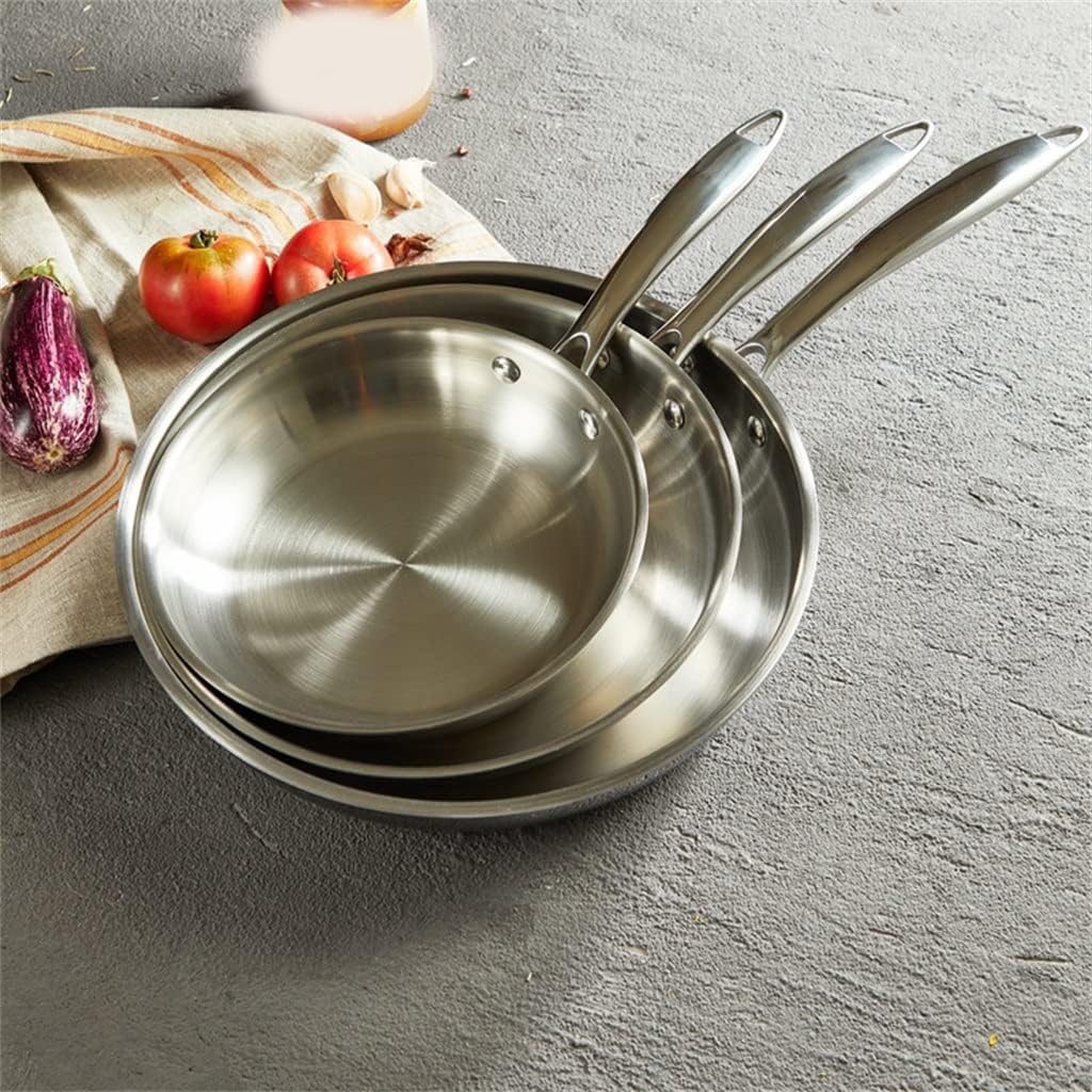 Poêle antiadhésive en acier inoxydable 304, idéale pour la cuisson de steaks, d'œufs et autres petits plats. Compatible avec la cuisinière et le four. Couleur argent. 24 cm.