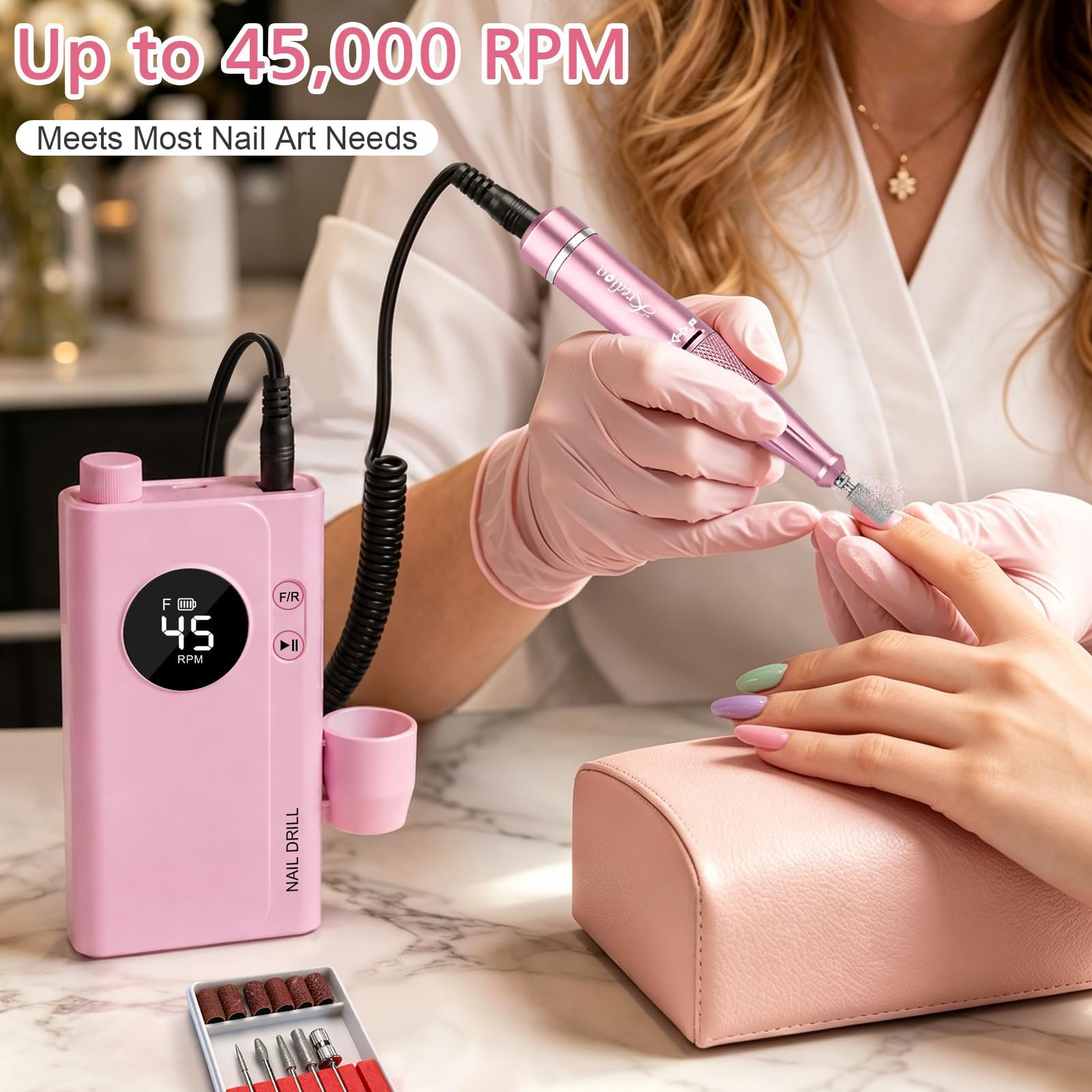 Kredioo Nagelfräser 45000 U/Min Akku Tragbare Elektrische Nagelfeile Rosa