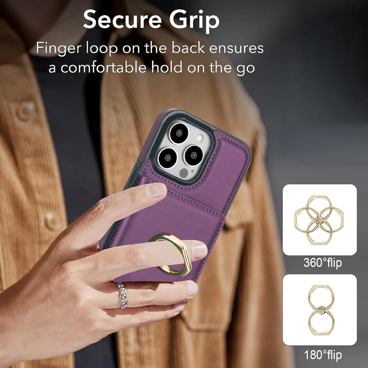 TIANLI Compatible with iPhone 16 Pro Max Wallet Case with Card Holder, 360° Rotation Ring Kickstand RFID Blocking PU Leather Double Magnetic Clasp Shockproof Cover for Women Man, Dark Purple