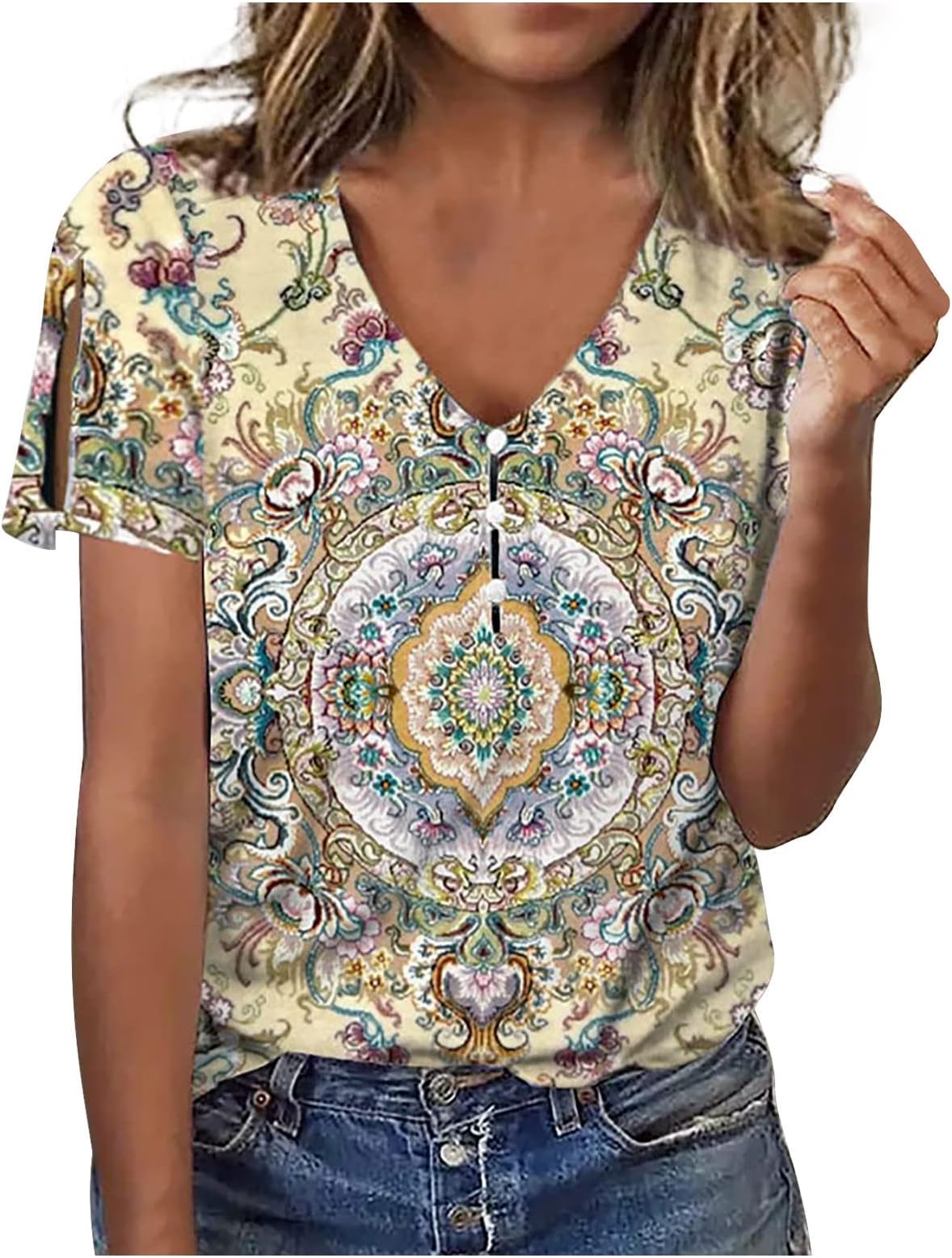 DASAYOWomen V Neck Summer Shirt Tops Fashion Tie Dye Casual T Shirts Cute Aesthetic Retro Comfy Loose Ladies Blouses Tees