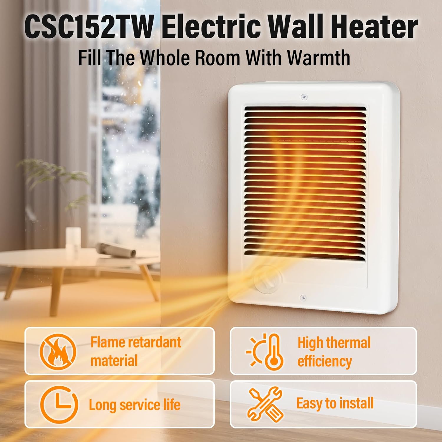 CSC151TW Electric Wall Heater Complete Unit With Thermostat, 120 Volt 1500 Watt, High Efficiency Centrifugal Fan For Fast And Quiet Heating