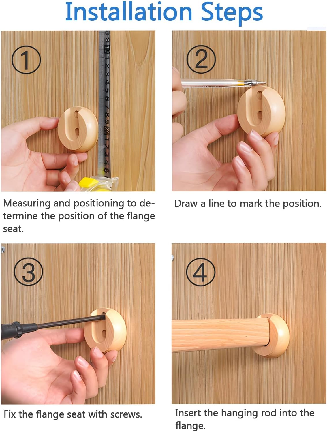 40/50/70/90/110/130/140/160 cm Long Closet Rods, Wooden Wall Mounted Hanging Clothes Rod, Detachable Shower Curtain Rod, Load 150Kg/330Lbs/140Cm/55.1In