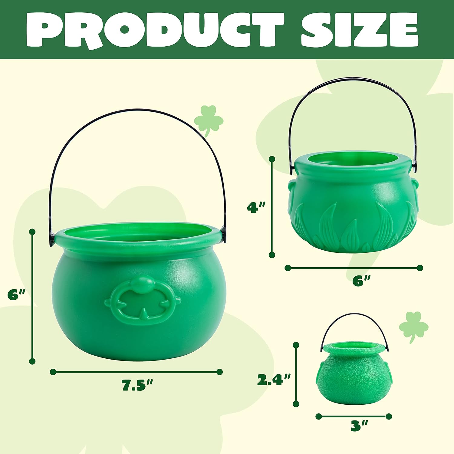 JOYIN 4PCS St.Patrick's Day Green Cauldrons with Handle Party Supplies Set with 1 Pcs Large, 1 Medium and 2 Small Plastic Lucky Leprechaun Pots for Saint Patricks Pot of Gold Party Decorations
