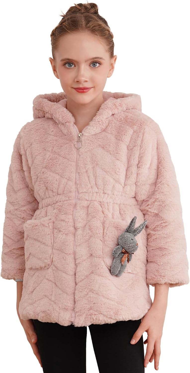 Freebily Kids Girls Winter Long Sleeve Fleece Coat Hooded Jacket Overcoat Hoodies Thick Sherpa Outwear with Rabbit Doll