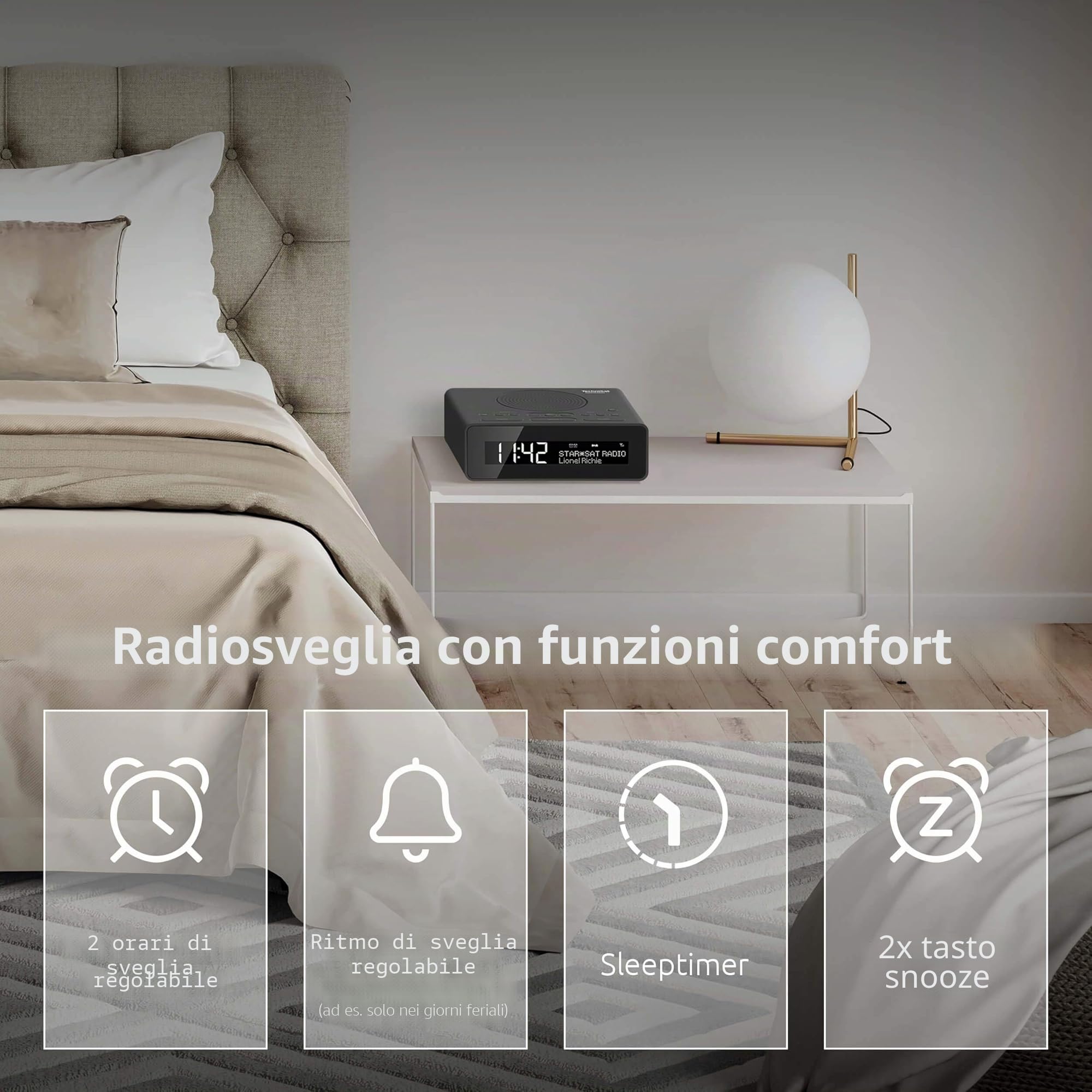 TechniSat DIGITRADIO 51 - Radiosveglia DAB+ (DAB, FM, Due orari di sveglia, Funzione posponi, Timer di spegnimento, Display dimmerabile, Ingresso per cuffie), Nero