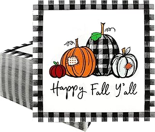 100 Pcak Happy Fall Napkins Disposable Pumpkin Pattern Thanksgiving Paper Napkins White Black Plaid Autumn Dinner Napkins Decorative Fall Cocktail Napkins Thanksgiving Party Supplies (6.5 x 6.5 Inch)