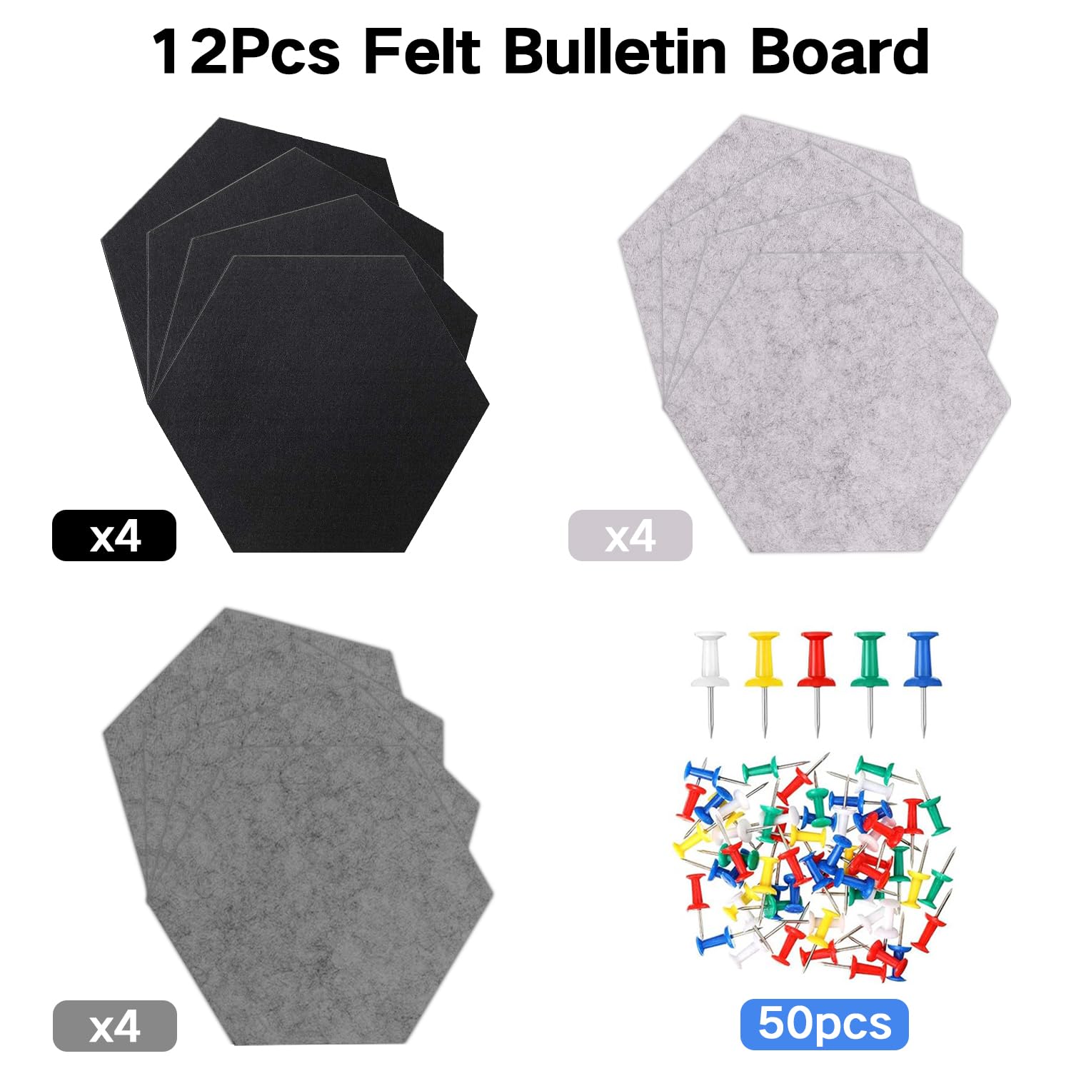 12 Stück Sechseckige Filz-Pinnwände Selbstklebend – 22x19 Cm, Mit 50 Pinnnadeln, Für Büro & Kinderzimmer
