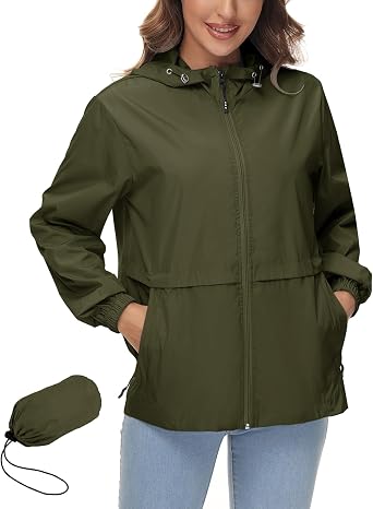 Avoogue Womens Waterproof Rain Jacket Lightweight Raincoat Packable Hooded Outdoor Windbreaker