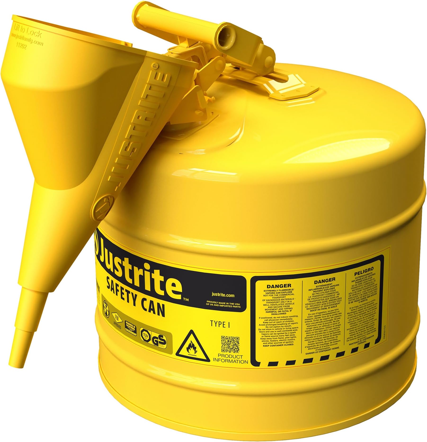 Justrite 5 Gallon Type I Yellow Safety Can for Diesel with Flame Arrester, Self-Closing Lid, and Funnel, Made in the USA, Galvanized Steel Flammable Storage Can, 7150210