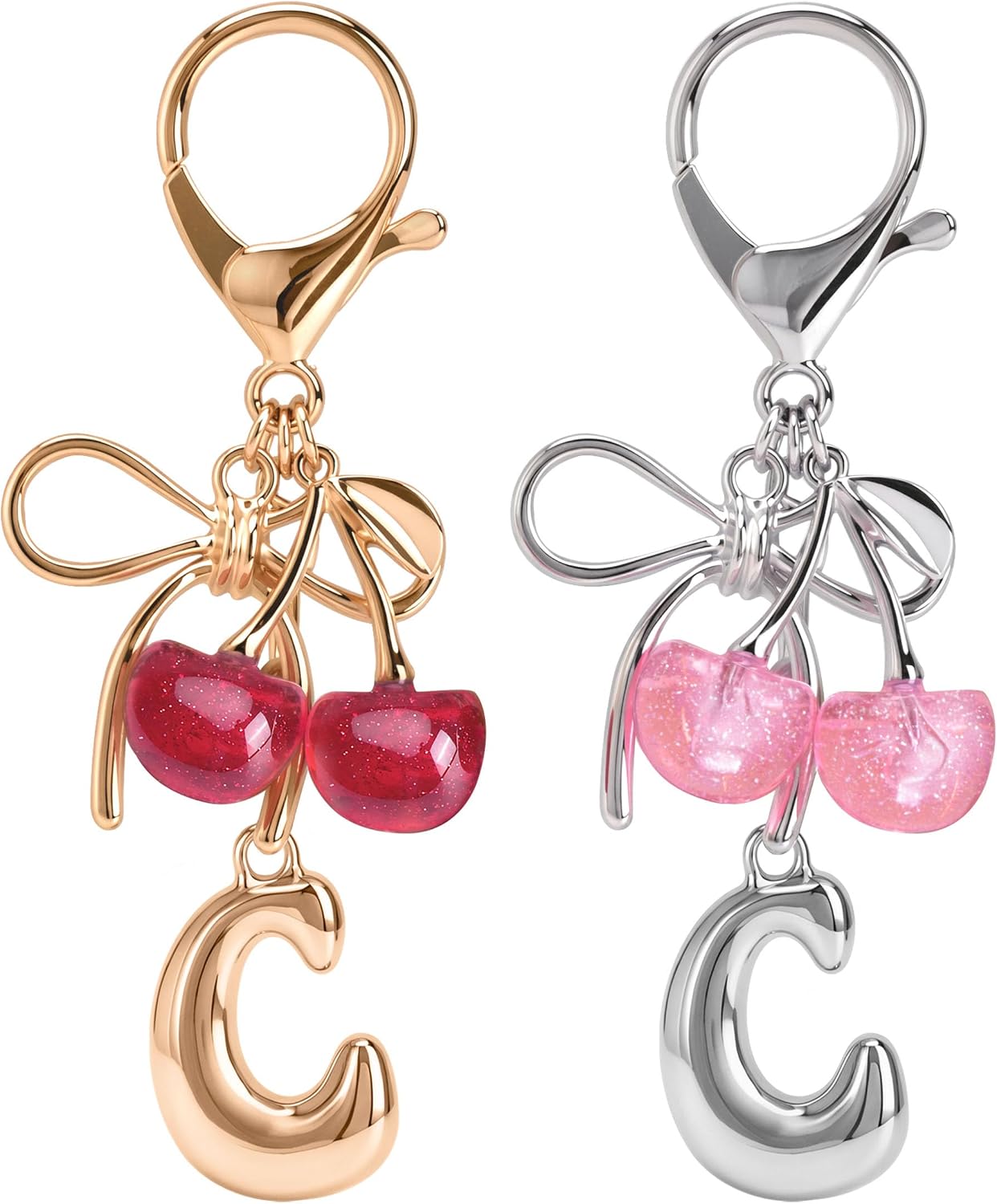 2 PCS Bubble Initial Keychain with Bow & Cherry,Cute Purse Charms for Handbags,Cherry Gifts for Women,Back to School Gifts