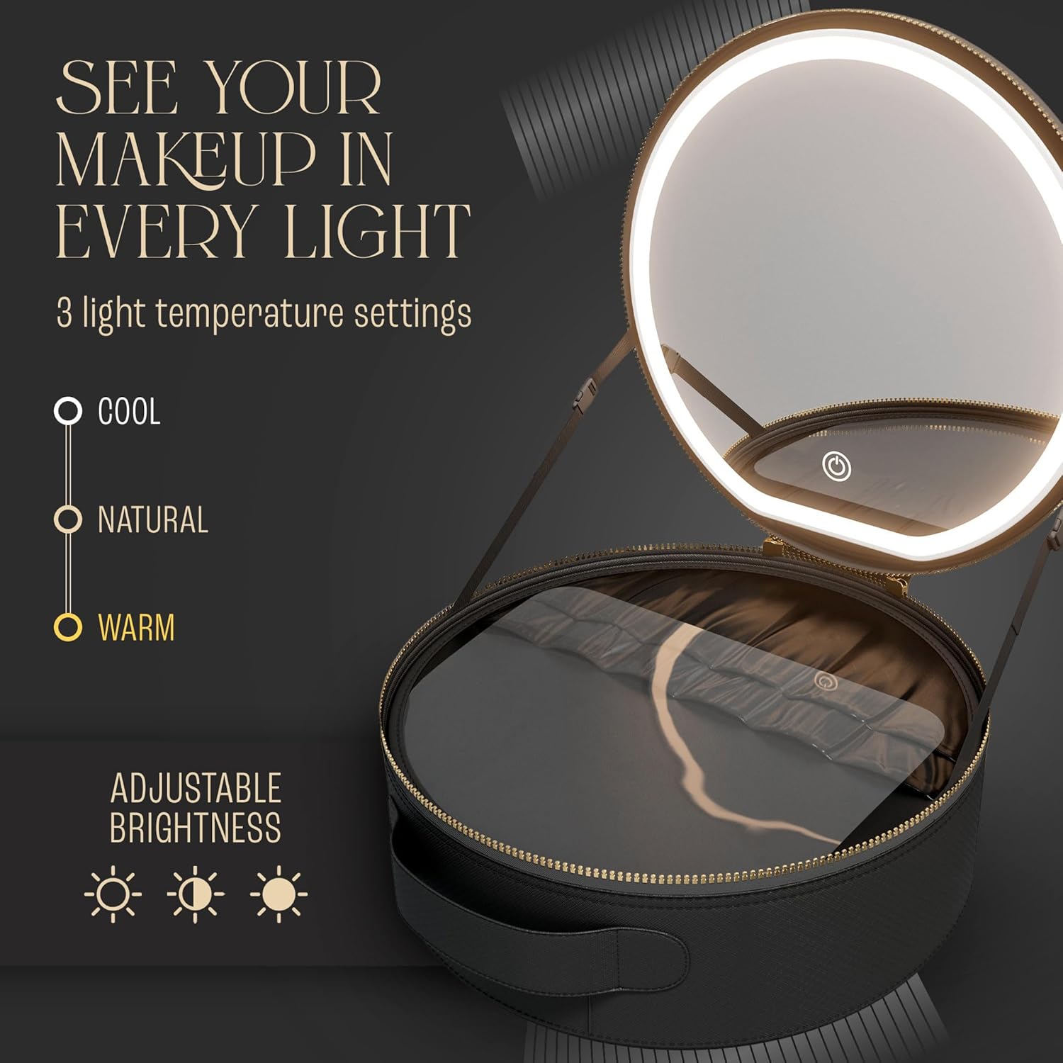 Makeup Bag with LED Mirror, Travel Makeup Case with 3 Color Lighting, Cosmetic Organizer with Adjustable Dividers, Rechargeable Vanity Mirror, Makeup Storage for Women (Black)