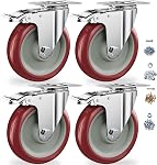 5" Heavy Duty Plate Casters with Brake, Set of 4 | Red polyurethane wheels, non-marking & quiet. Zinc-plated bracket. Dual brake. For workbench, cabinet, pantry, garden cart.