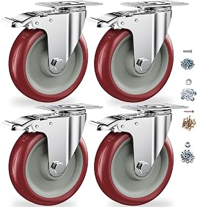 5" Heavy Duty Plate Casters with Brake, Set of 4 | Red polyurethane wheels, non-marking & quiet. Zinc-plated bracket. Dual brake. For workbench, cabinet, pantry, garden cart.