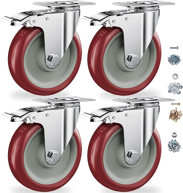 5" Heavy Duty Plate Casters with Brake, Set of 4 | Red polyurethane wheels, non-marking & quiet. Zinc-plated bracket. Dual brake. For workbench, cabinet, pantry, garden cart.