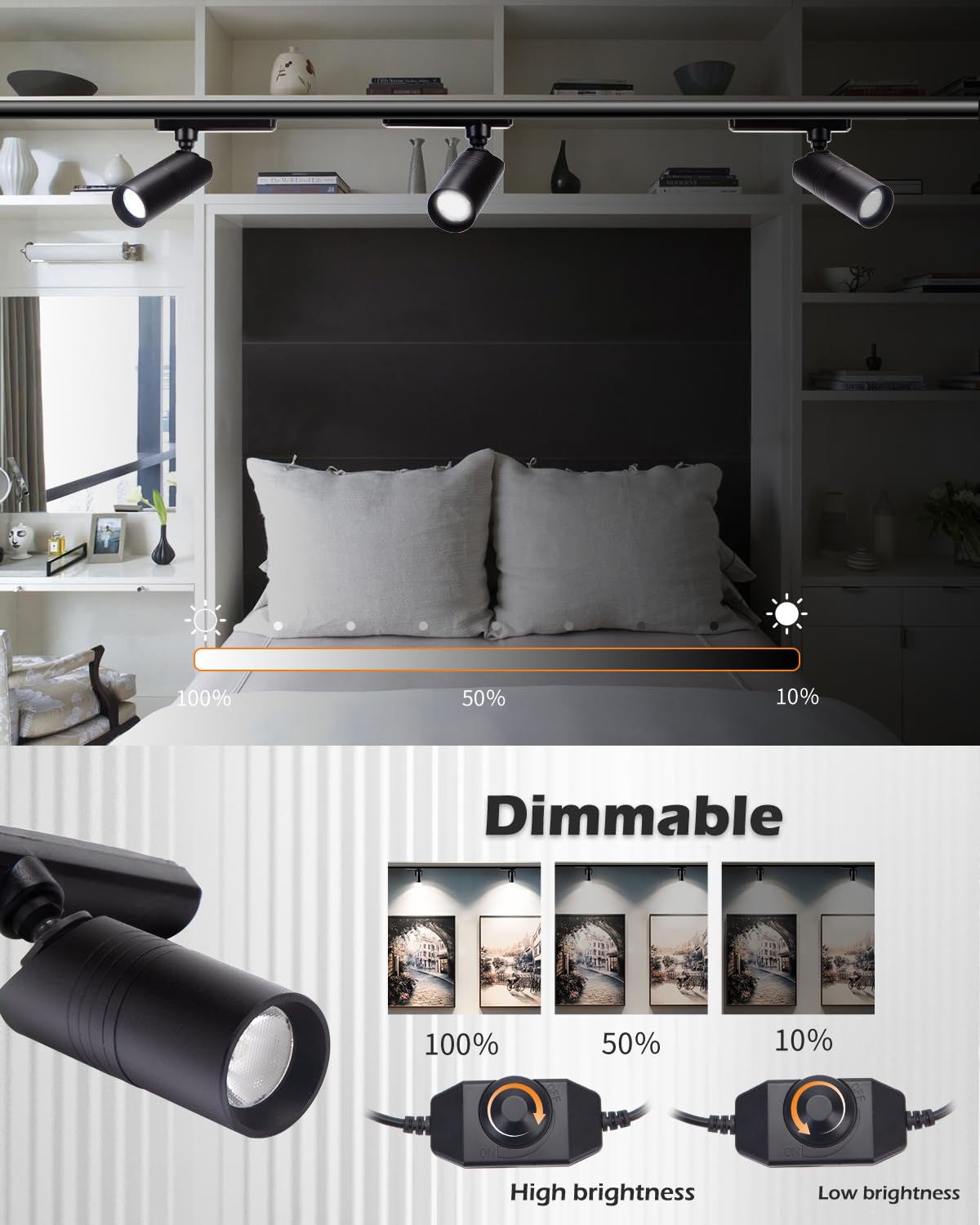 Cefrank Mini Focos de Riel Magnético - 2 Cabezales Giratorios, Sistema de Iluminación Regulable - Riel Negro de 30 cm, Base Magnética, 2 Luces - 6000K Blanco