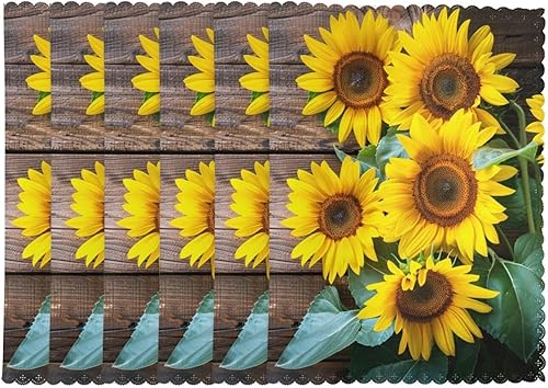 Miniatura 6 de Juego de 6 manteles individuales con patrón de madera de girasoles otoñales, resistentes al calor, lavables, para cocina, comedor y hogar, 12 x 18