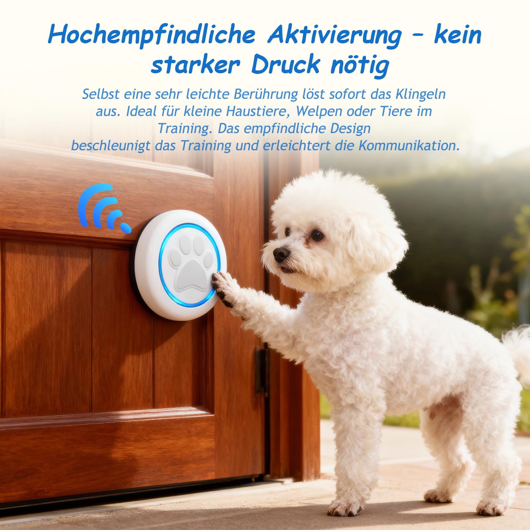 A6 Wht Katzenklingel & Hundeklingel – Kabellose Haustier-Türklingel für Außenbereich, 300 m Reichweite, 60 Melodien, LED-Signal, Wasserdicht, Buzzer Hund & Katzen (1 Klingeltaster + 1 Empfänger)