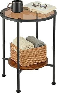 Round Side Table, Tempered Amber Glass Top, Black Metal Frame