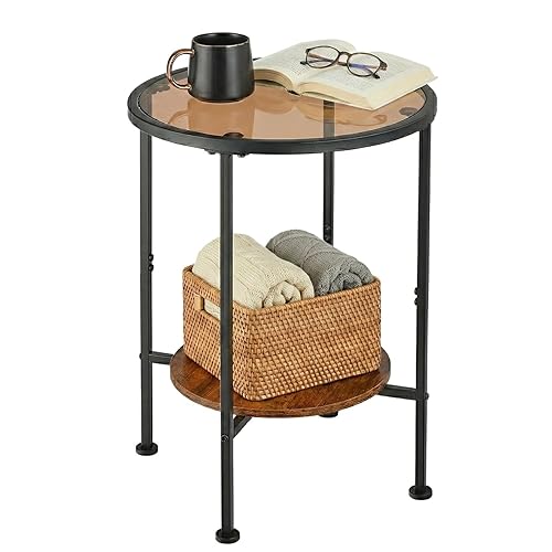 Round Side Table with Tempered Amber Glass Top, 2 Tier