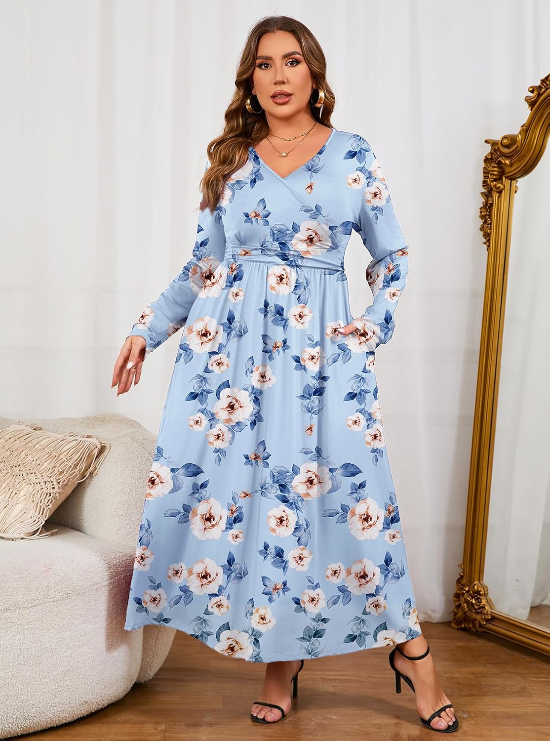 ZOMVA Plus Size Fall Dresses for Curvy Women Long Sleeve Wrap V Neck A Line Maternity Flowy Maxi Dress Semi Formal Casual, Floral2: Light Blue, 2X