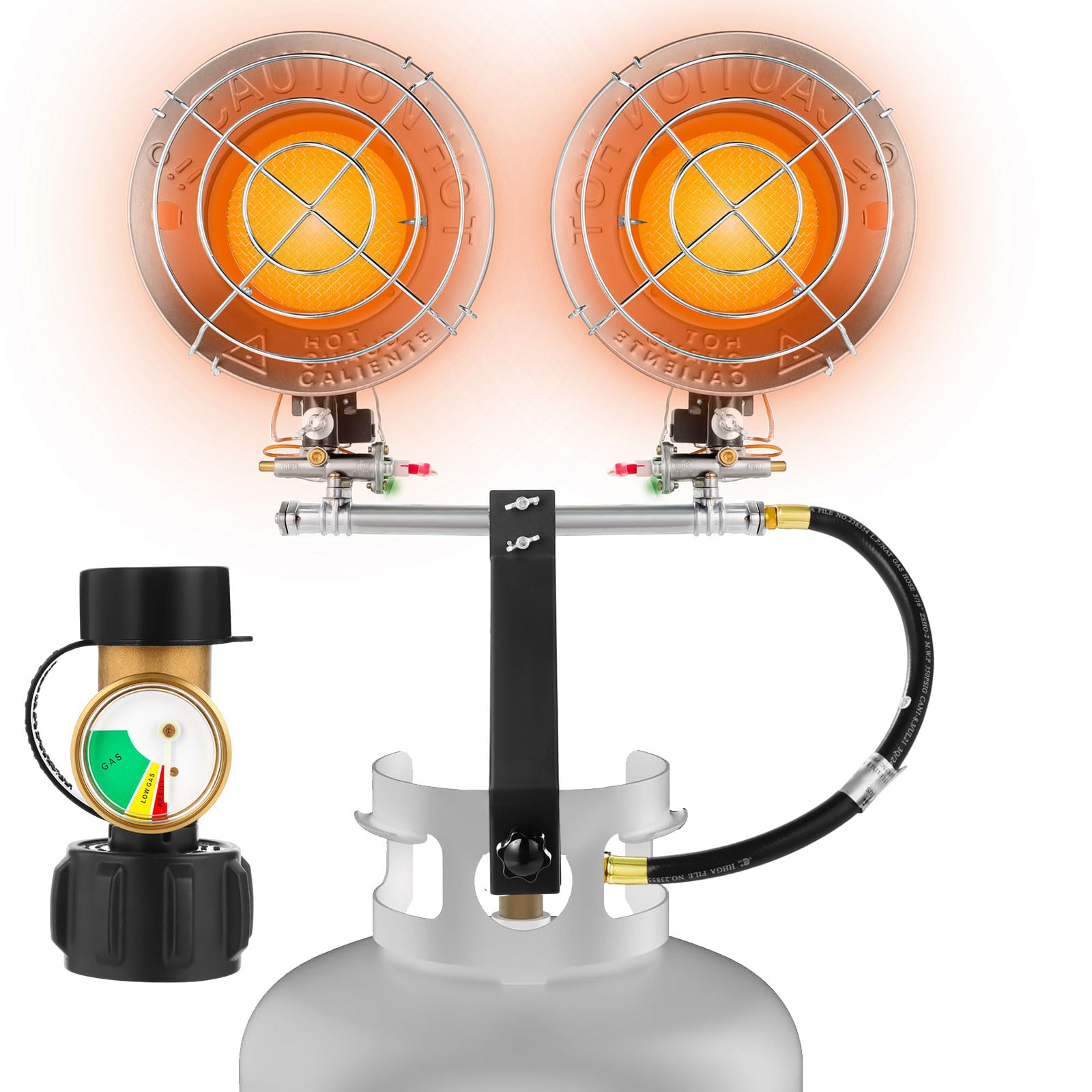 Honoson 30, 000 BTU Propane Tank Top Heater, Propane Tank Gas Gauge Leak Detector, MHS30T Double Burner Tank Top Heater with Shut-Off Valve and Tip-Over Switch Outdoor Lp Gas Heater for Camping Patio