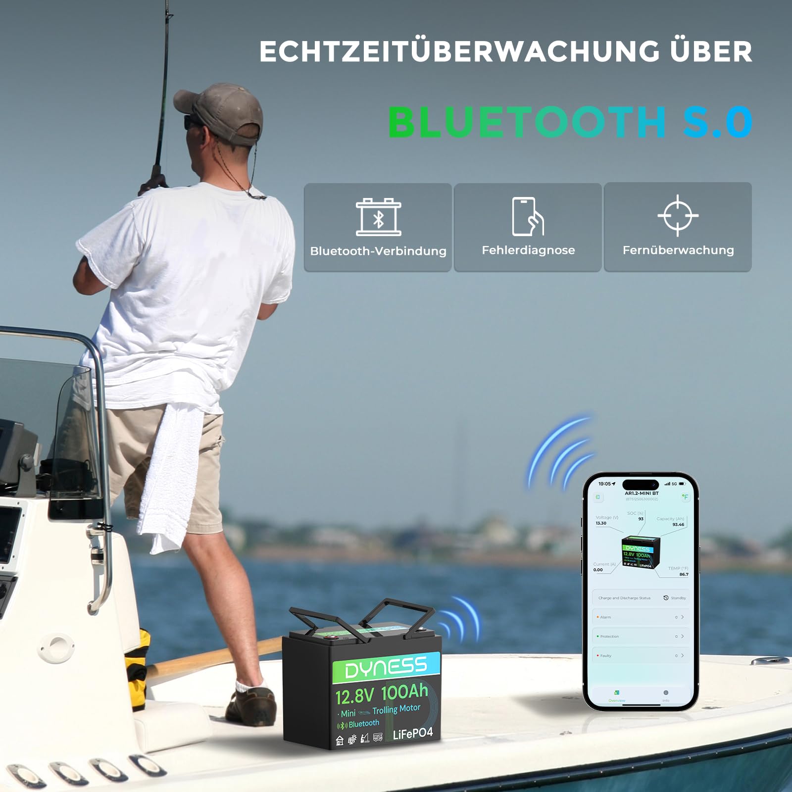 Dyness LiFePO4 12V 100Ah Lithium Batterie Bluetooth Mini mit 100A BMS, Max.15000 Zyklen, 12V Deep Cycle Lithium Eisenphosphat Batterie für Wohnwagen, Solar Home Systeme, Boote