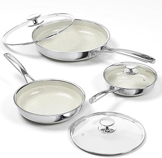Non Stick Frying Pan Set with Lid, 8"/10"/12" Stainless Steel Cookware Sets | Ceramic Tri-ply Hybird Stainless Steel Cookware Sets, Induction Compatible, Dishwasher&Oven Safe, PFAS/PFOA/PTFE Free