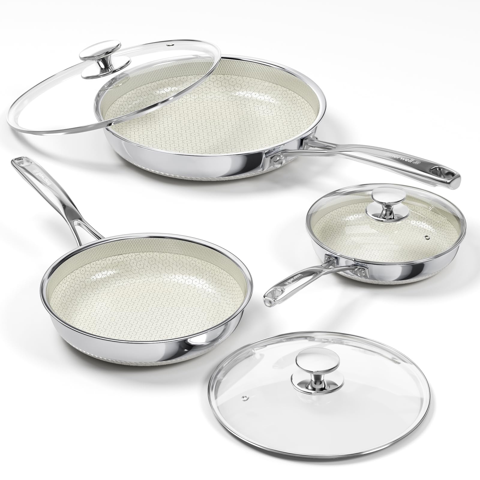 Innerwell Pfannenset 3-teilig 20+26+30 cm aus Edelstahl mit Deckel, Keramikbeschichtung, dreischichtiges Mix-Edelstahl-Kochgeschirr-Set, pfannenfreundlich, backofen- und spülmaschinenfest