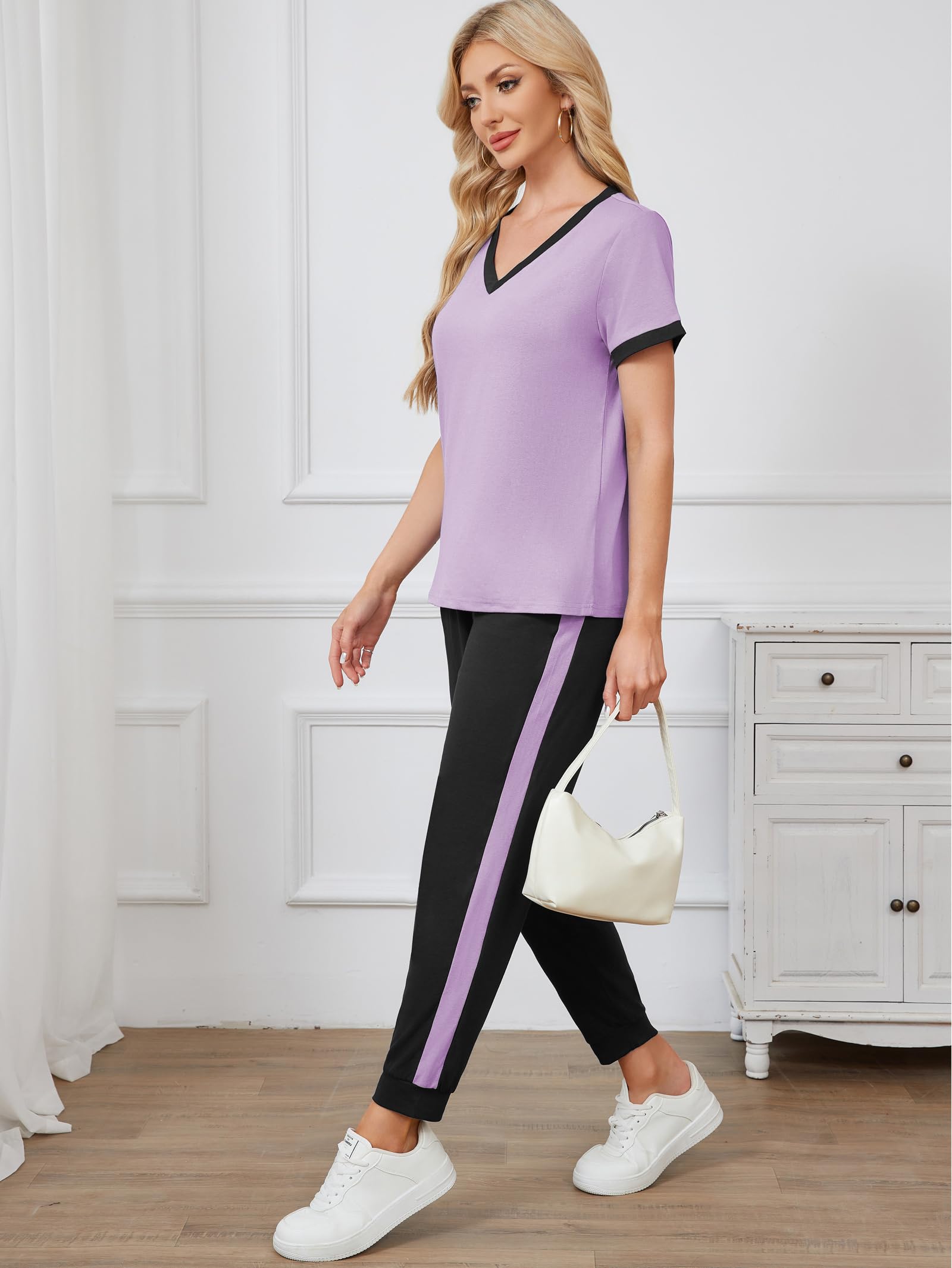Famulily Survêtement d'été 2 pièces à col en V pour femme avec haut à manches courtes et pantalon de jogging à rayures, tailles S à XXL