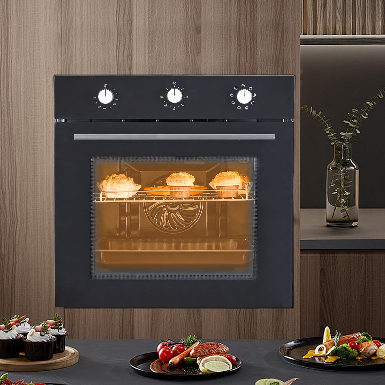24" Single Wall Oven, Black Built in Electric Wall Oven with Mechanical Knobs Control, 8 Cooking Functions, 3000w 2.5Cu.Ft Wall Mount Convection Oven