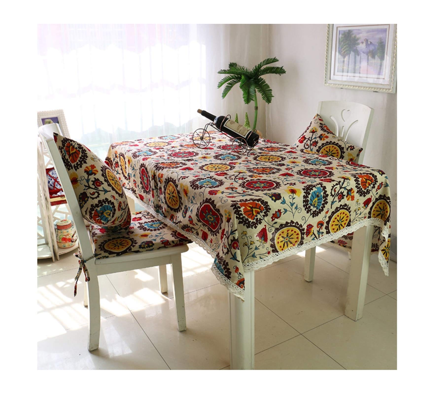 Nappe fleur imprimée dentelle 140x240cm en coton lin multicolore