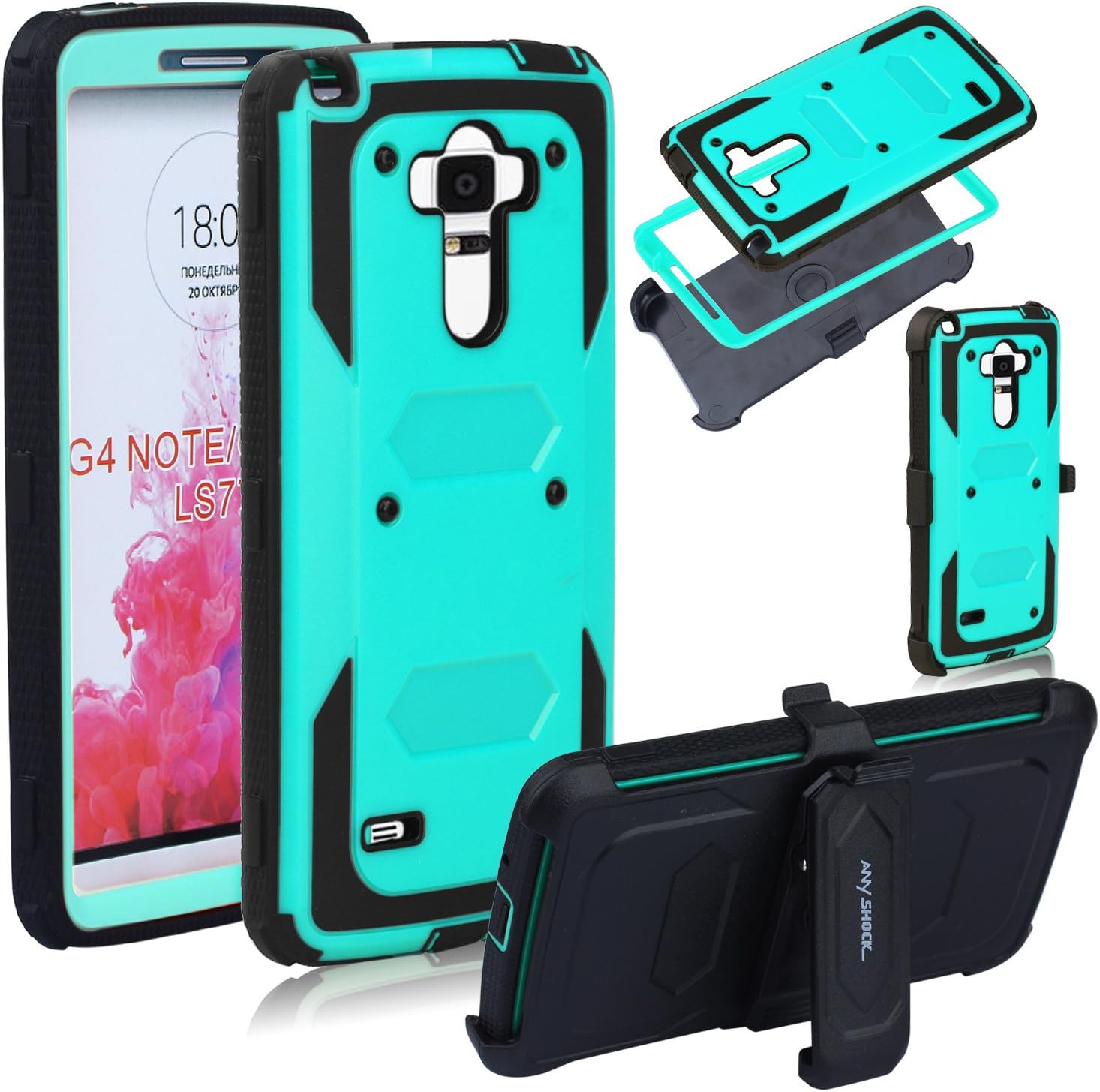 Anyshock Heavy Duty Shockproof Durable Full Body Protection Hybrid Case with Belt Clip Holster and Kickstand for LG G4 Note Case/G Stylo(LS770)(Free Screen Protector Included) (Aqua)