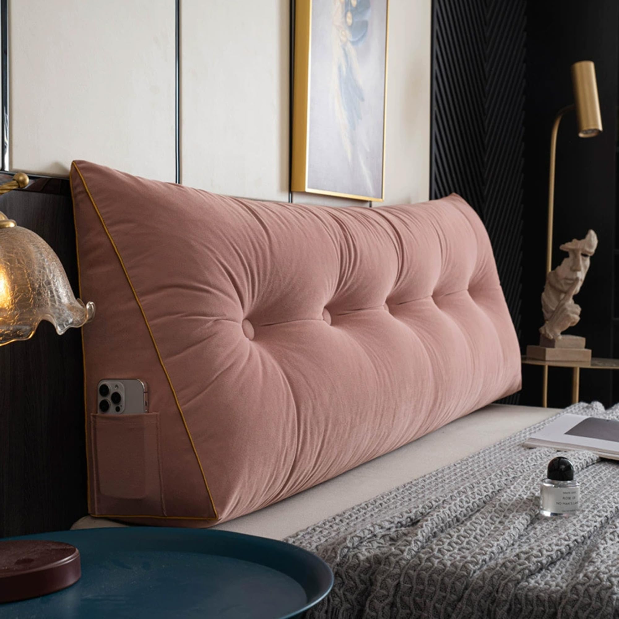 DUOLEH Triangular Wedge Bolster Pillow, Soft Wedge Lumbar Pillows, Back Support Cushion, Headboard Backrest with Removable Cover & Pocket, Back Cushion for Sofa, Bed (120x50x20cm,Pink)