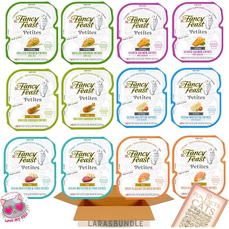 Fancy Feast Petites Wet Cat Food Variety Pack (24 Servings/12 Pack/6 Flavors) Salmon, Chicken, Whitefish, Tuna, Salmon, Grilled Chicken with Rice with LarasBundle Sticker