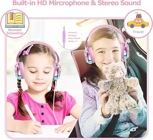 Miniatura 2 de QearFun Auriculares para niñas y niños para la escuela, auriculares con cable para niños con micrófono y conector de 0.138 in, auriculares con