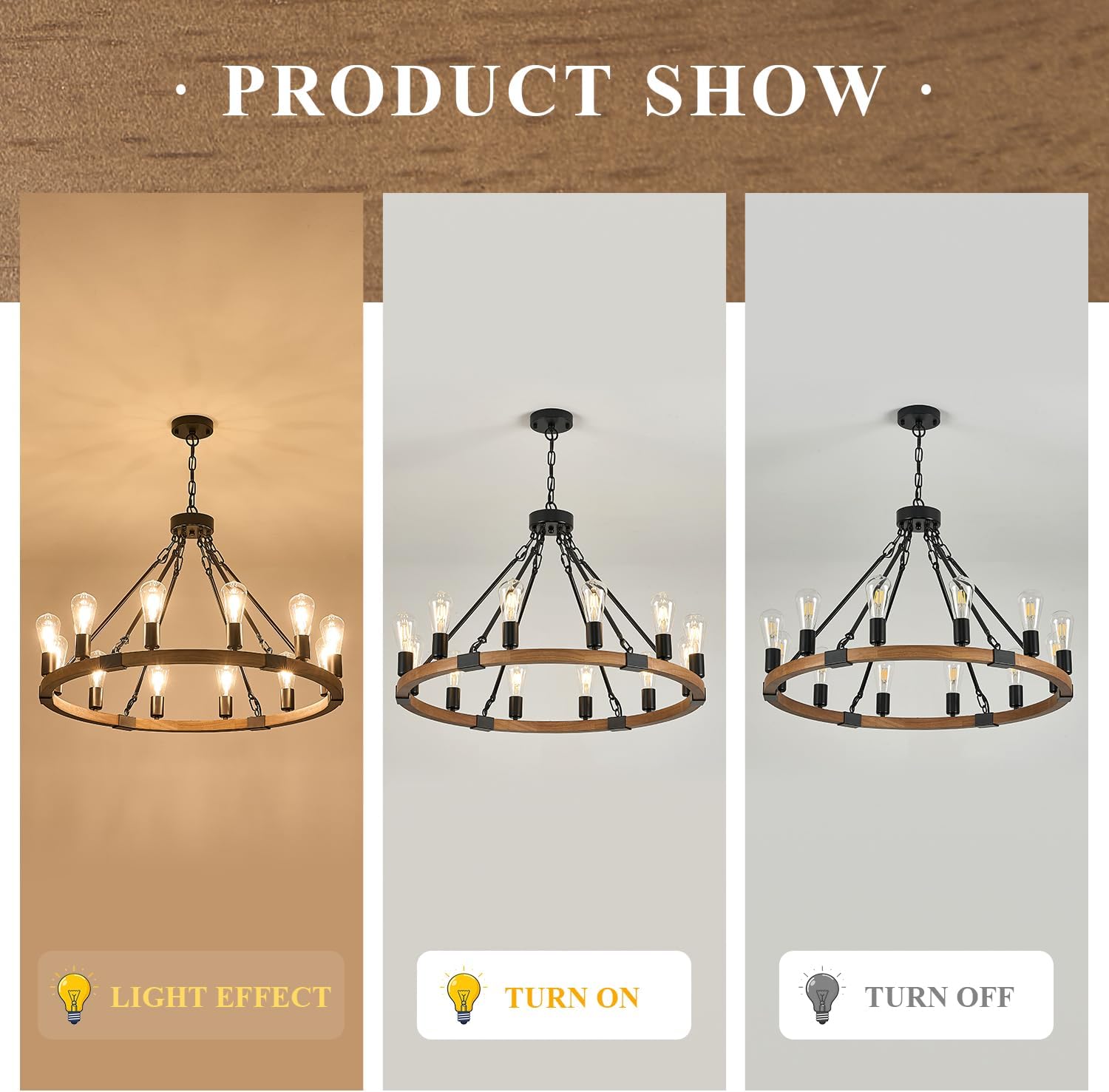 12 Lights Wooden Wagon Wheel Chandeliers Farmhouse 31.5'' Oak Wood Round Chandelier Black Metal Rustic Pendant Light Fixture for Living Dining Room Entryway Foyer Kitchen