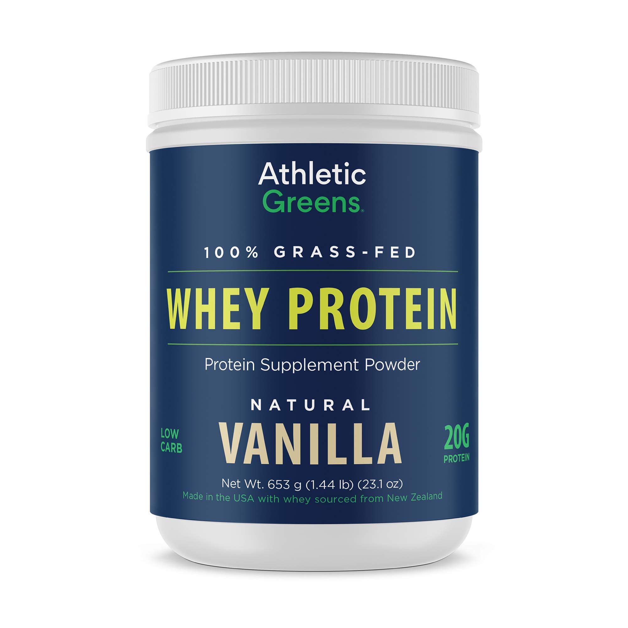 Athletic Greens 100% Grass-Fed Vanilla Whey Protein Low Carb Low Sugar Natural Vanilla Flavor, 20 Grams of Protein per Serving, 653 g
