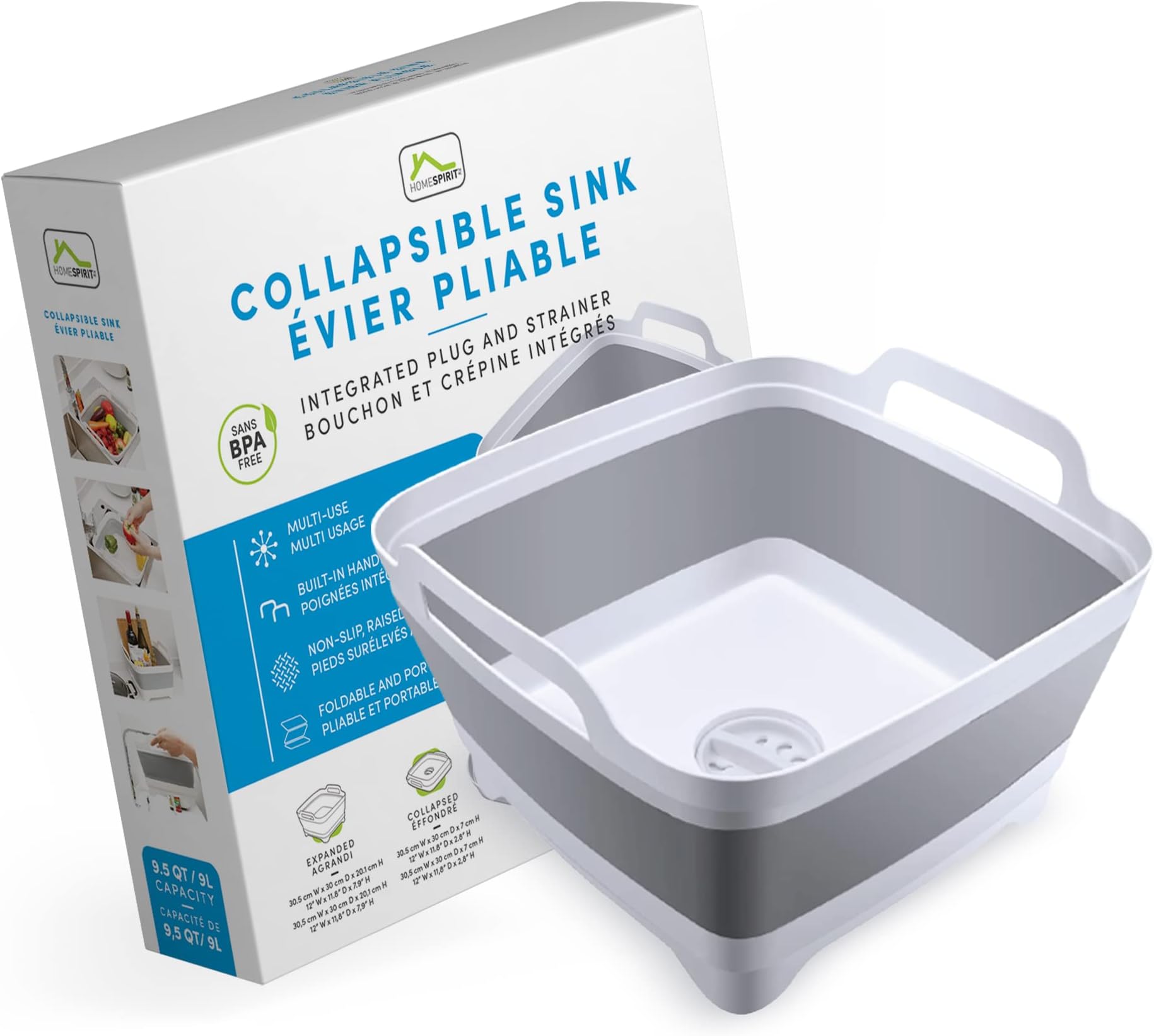 Home Spirit Collapsible Sink – 9L Portable Wash Basin Tub with Handle, Plug & Strainer – For Dishes, Fruits, Veggies, Laundry & Beverages
