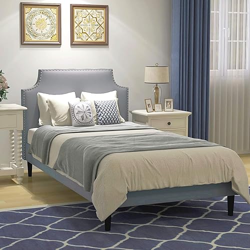 Upholstered Button Tufted Platform Bed with Headboard Strong Steel Wood Slat Support Mattress Foundation Easy Assembly Light Grey Twin