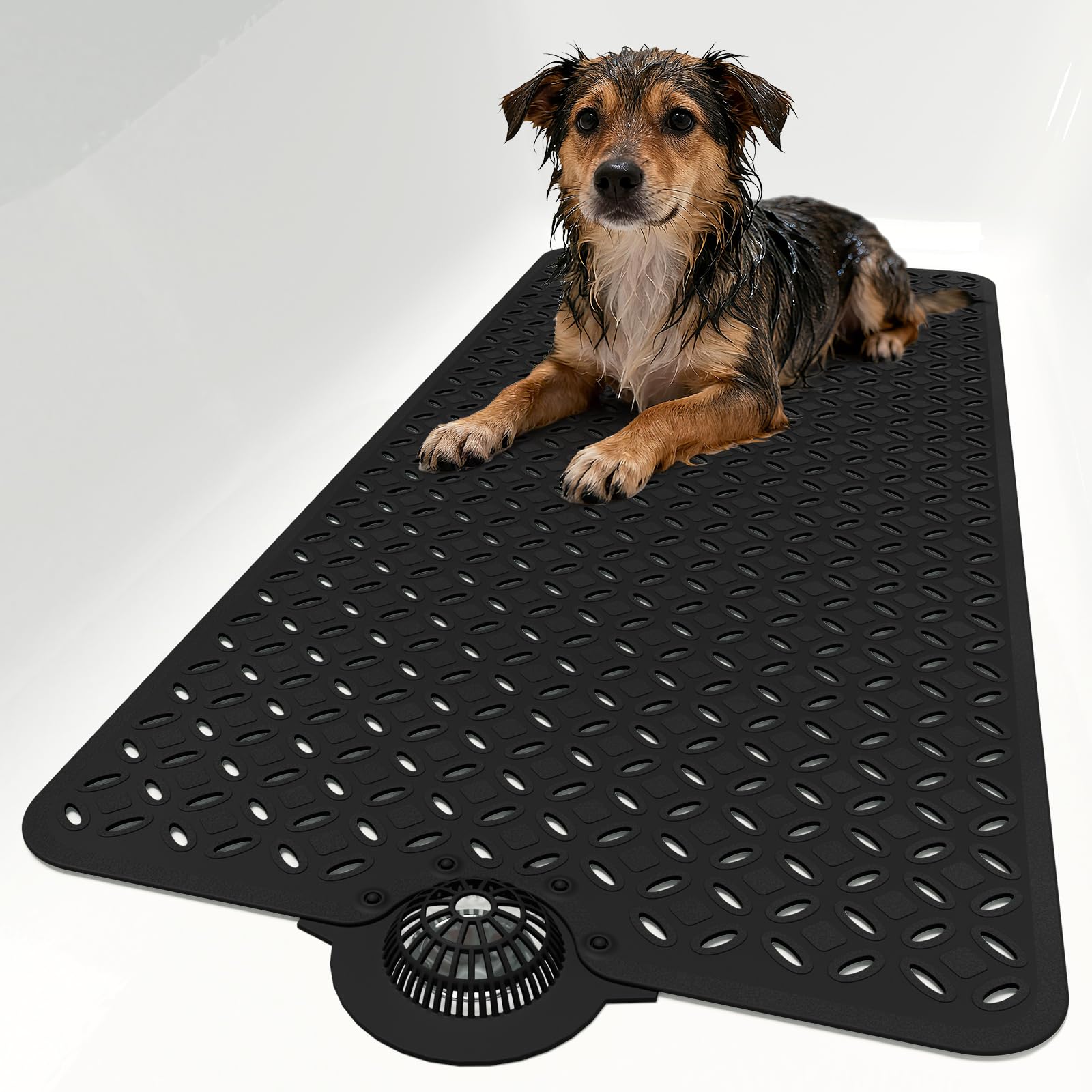 Yolife Bath Mat for Tub Non Slip: 43 X 100 cm Long Bathtub Mat with Hair Catcher│Big Drain Holes Shower Mats for Inside Shower│Machine Washable (Black)
