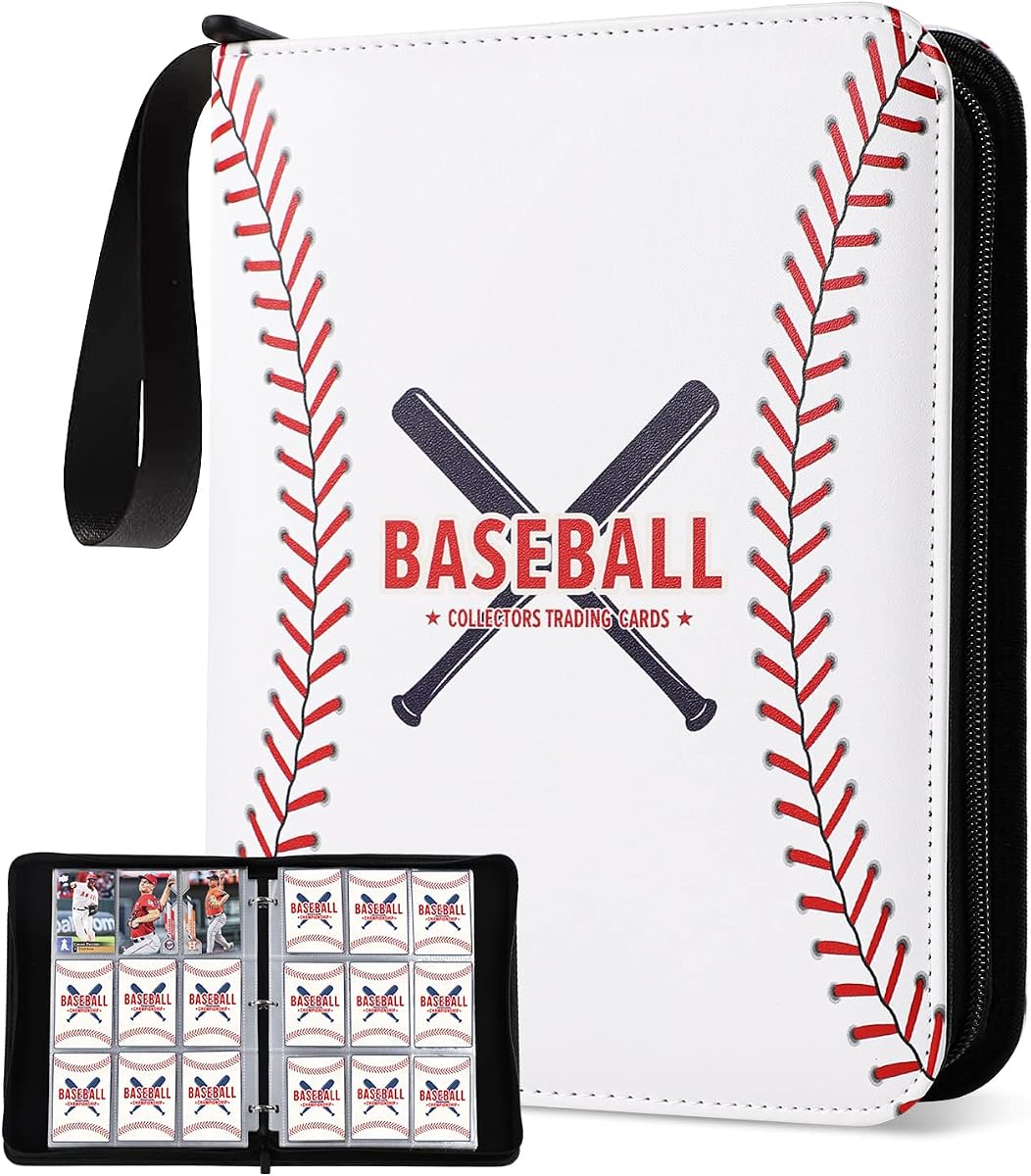 Carpeta de tarjetas de béisbol, tarjetero de 900 bolsillos con fundas | Almacena 900 tarjetas de béisbol, 50 fundas de doble cara, protección con cremallera, se adapta a tarjetas Topps, regalo para coleccionistas