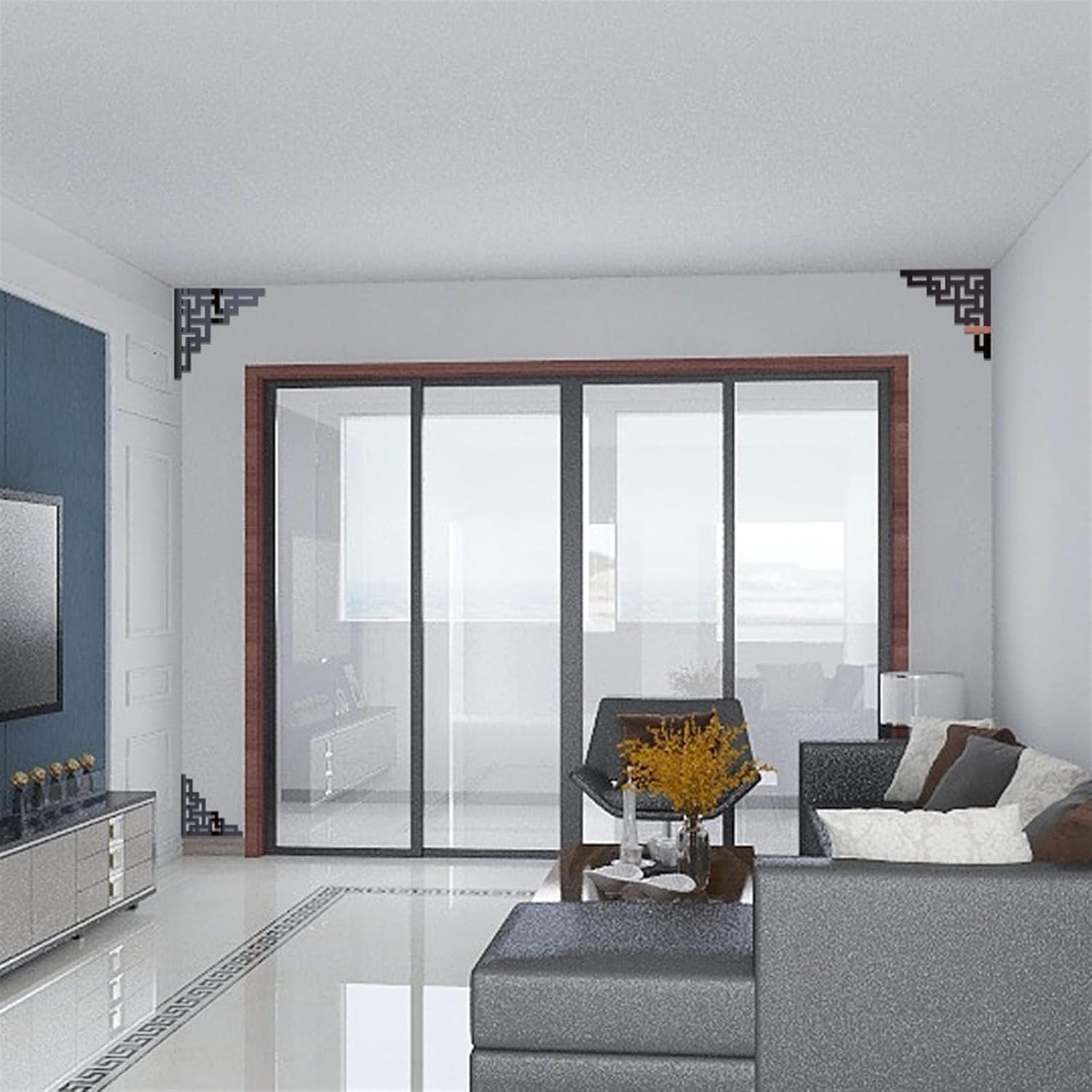 4pcs Elegant Corner Onlay Applique Frame Furniture Wall Mirror Window Stickers for Home Cabinet Door Decor Craft Mirror Wall Art Decal Corner Sticker(Black,11.8"x11.8")