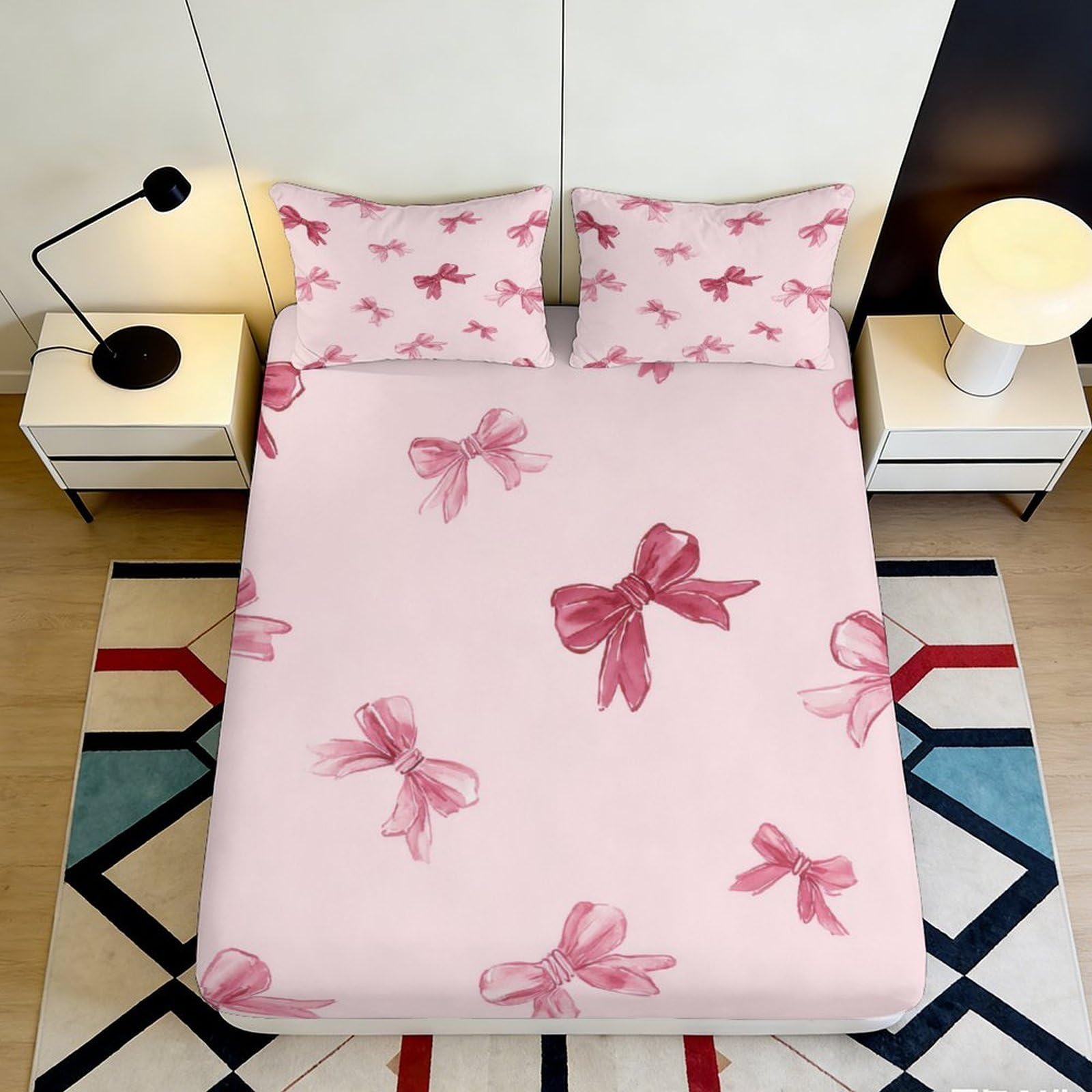 3D Printed Pink Bow Fitted Sheet Microfiber Soft Anti-Slip Decorative Ribbon Bed Cover for Bedroom Guestroom Mattress Protection 90x200x25cm