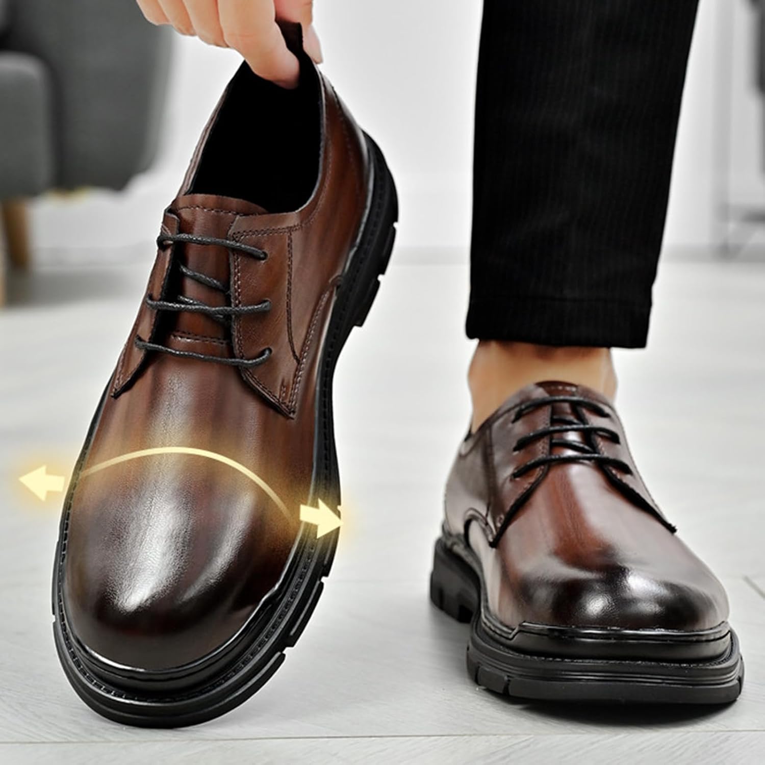 Men's Genuine Leather Lace Up Platform Oxfords Fashion Round Toe Low-Top Soft Sole Non-Slip Dress Derby Shoes Casual Business Wedding Prom Work Formal Shoes - Image 4