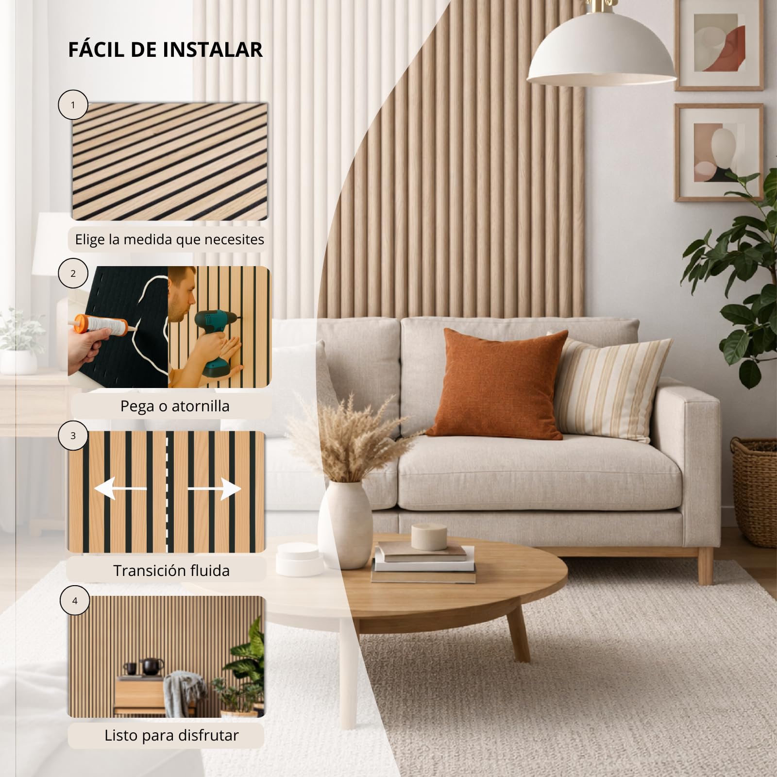 Masquepack – Set x2 Paneles Acústicos Decorativos de Madera Flexible - Paneles Decorativos para Pared, Absorción de Sonido y Diseño Moderno (Nogal Flex/Fieltro Negro, Set x2-240x50)
