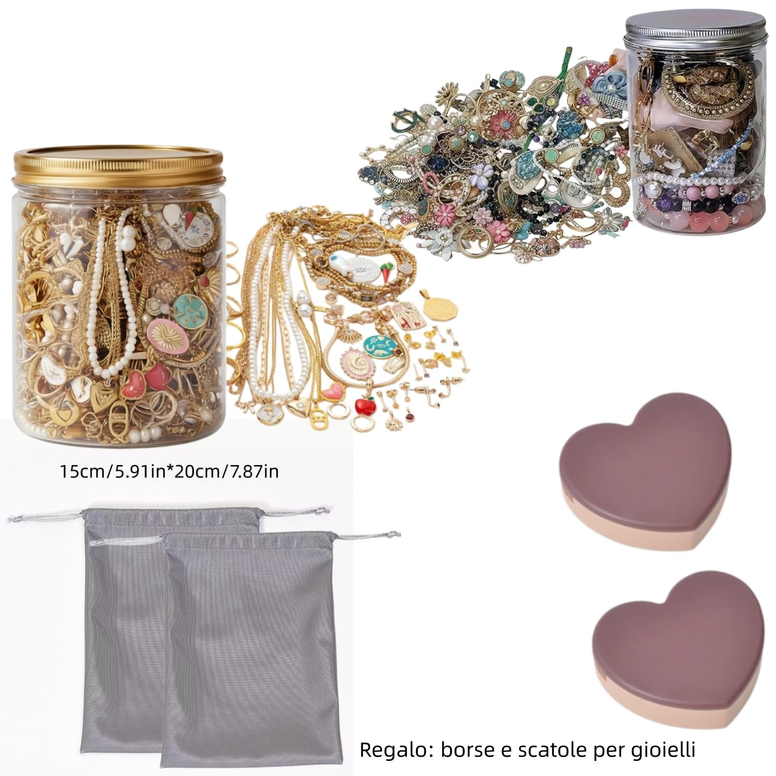 Generico Barattolo misterioso per gioielli Set di gioielli in argento casuali in lega da 30 pezzi (orecchini,collane,anelli) Barattolo trasparente con coperchio per rega (argento e dorato (2PCS))